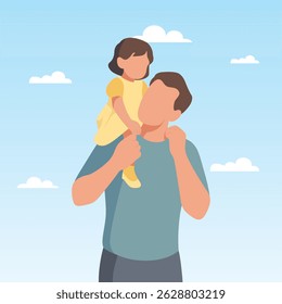 Flat faceless vector of a father holding his children on his shoulders with a sky blue background. Perfect for Father's Day greeting cards and social media posts.
