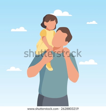 Flat faceless vector of a father holding his children on his shoulders with a sky blue background. Perfect for Father's Day greeting cards and social media posts.