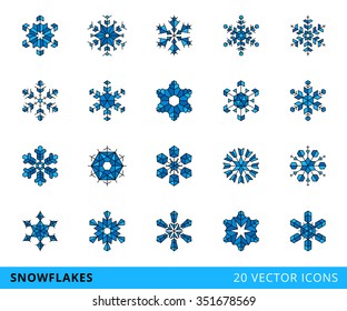 flat facet geometric set of twenty vector snowflakes, isolated on a transparent background - stock vector
