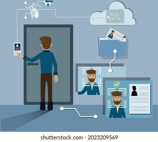 Flat of facial recognition system,A man standing in front of the door for facial recognizing by security camera, Face recognition concept,Approval image of face - Vector Illustration