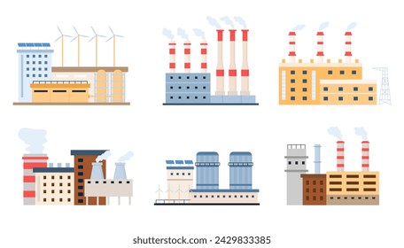 Flache Fabriken Vektor-Set. Fabrikgebäude Sammlung Außenherstellung, Tankstelle und Raffinerie, Engineering Chemical Building Illustration, Industrie Bau Architektur Vektor