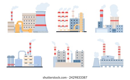 Flat factories vector set of industry design, industrial plant building, energy business environment production, construction engineering, manufacturing power illustration