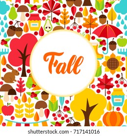 Flat Fall Seasonal Greeting. Vector Illustration of Autumn Concept. 