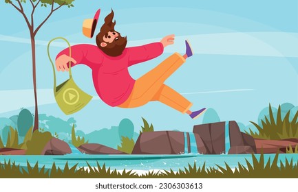 Flat falling people concept the man falls into a body of water and loses his cap in the process of falling vector illustration