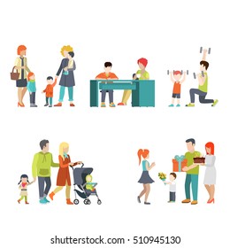 Flat Family birthday celebration with cake and present box, care and attention, gymnastic exercises with father, help with school task vector illustration set. Casual life parenting concept.