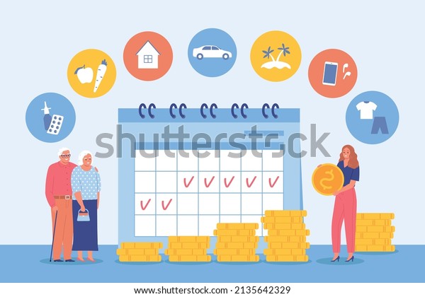 Flat family budget planning background with\
elderly people and woman diving savings among various needs and\
expenses vector\
illustration