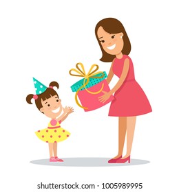 Flat Family children vector characters illustration. Mother gives a gift to baby daughter child. Woman present a box to girl on birthday party hat. Parenting and celebration holidays concept.