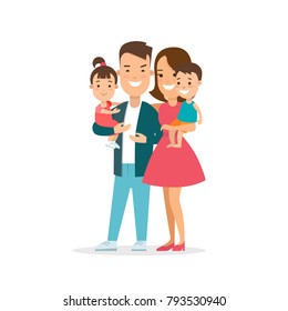 Flat Family with children vector characters illustration. Mother and father with baby son and daughter. Wife and husband, brother and sister. Woman, man, girl, boy. Casual life parenting concept.