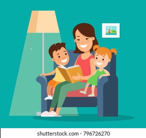 Flat Family children vector characters illustration. Mother reading book to baby son and daughter in sofa home interior. Brother and sister listing. Casual life parenting concept.