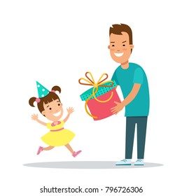 Flat Family Children Vector Characters Illustration. Father Gives A Gift To Baby Daughter Child. Man Present A Box To Girl On Birthday Party Hat. Parenting And Celebration Holidays Concept.