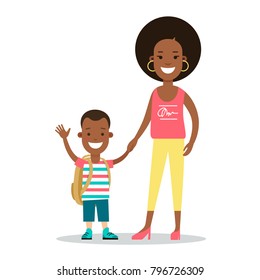 Flat Family with children vector characters illustration. Mother with baby son. Afro-American black woman holds the hand boy. Casual life parenting concept.