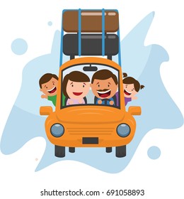 flat family fun holiday with orange car for business template community cartoon in blue background