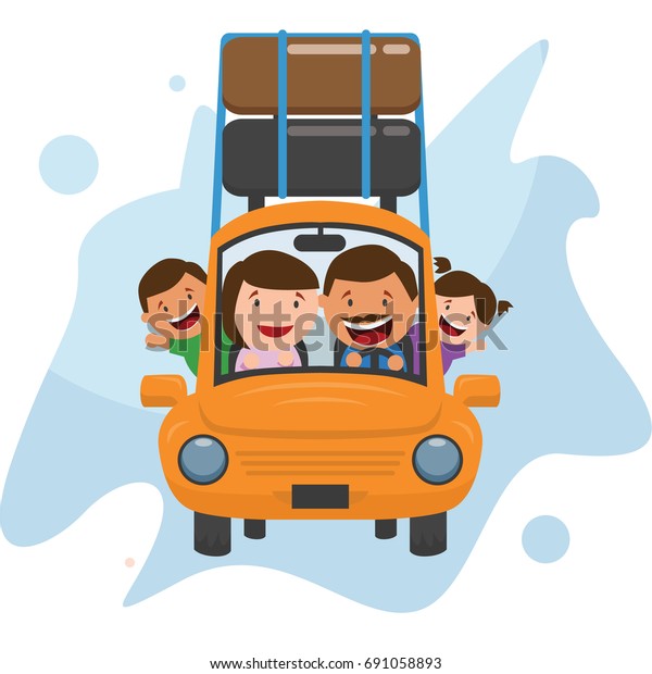flat family fun holiday with\
orange car for business template community cartoon in blue\
background