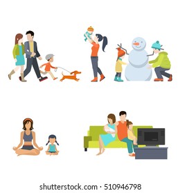 Flat Family Having Fun, Making Snowman And Gymnastic Exercises, Walking With Dog, Watching TV Vector Illustration Set. Casual Life Parenting People Icons Collection Concept.