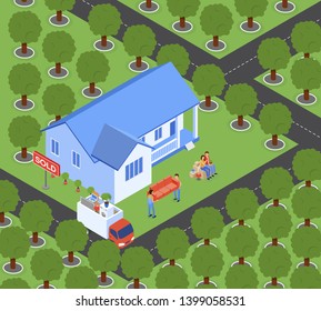 Flat Family Moves to New Home Vector Illustration. Big House in Green Zone. Family Packed Up and Ready for Relocate. Movers Load Furniture into Van, Isometric. Family Ordered Transportation Things.