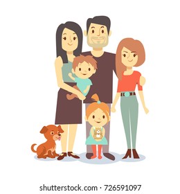 Flat family with pets isolated on white background. Family people woman and man, character dog and mother father daughter son. Vector illustration