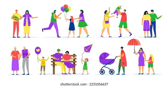 Flat family walk set, vector illustration. Happy man woman tiny charcater, elderly couple holding each other. Parents with children go to holiday