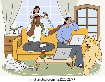 Flat Family Work On Laptop From Home With Naughty Kid And Noisy Domestic Pets. Stressed Exhausted Freelancer Parents Working In Mess Room.Tired Mom Burnout, Fatigue Father Or Multitasking Concept.