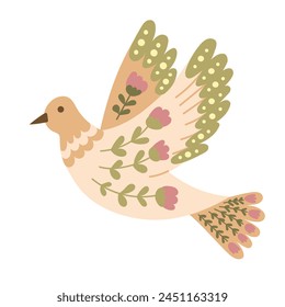 Flat fantasy bird in vintage folk floral style isolated on white background. Flat botanical illustration in pastel colors and boho style. Ideal for home decor, printout, decoration