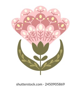 Flat fantasy flower in vintage folk style isolated on white background. Flat botanical illustration in pastel colors and boho style. Ideal for home decor, printout, decoration