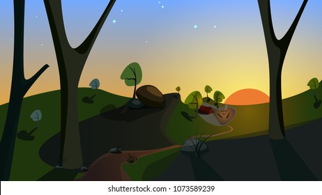 Flat fantasy world vector landscape illustration. Part of story. Morning on a wild. Red tent camping fire, yellow rocks old forest green grass trail. Template cute wallpaper sunshine smoke long shadow
