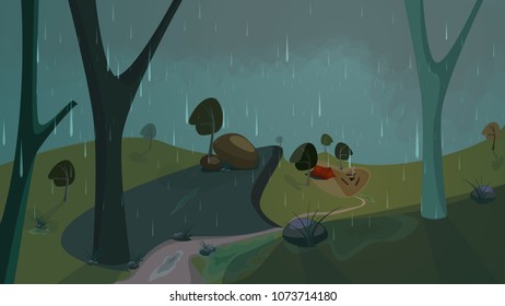 Flat Fantasy World Vector Landscape Illustration. Part Of Story. Rain On A Wild. Red Tent Camping, Yellow Rocks Old Forest Green Grass Trail. Template Cute Wallpaper Long Shadow Puddle Plash Cloudines