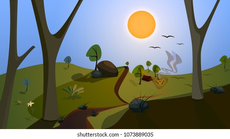 Flat fantasy world vector landscape illustration. Part of story. Sunny day on a wild. Flying birds camping fire red hike tent yellow rocks green grass sunshine flowers plant cute cartoon modern design