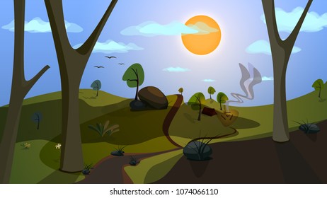 Flat fantasy world vector landscape illustration. Part of story. Sunny day on a wild. Flying birds camping fire red hike tent yellow rocks clouds sunshine flowers plant cute cartoon modern design