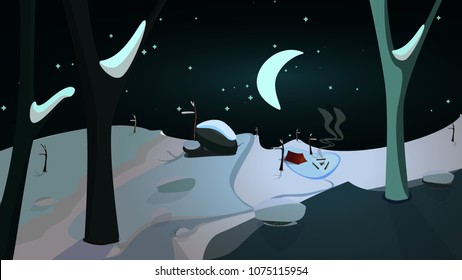 Flat fantasy world vector landscape illustration. Part of story. Snowy winter  night on a wild. Camping fire red hike tent moon rocks cute cartoon modern design high quality dark handdrawn