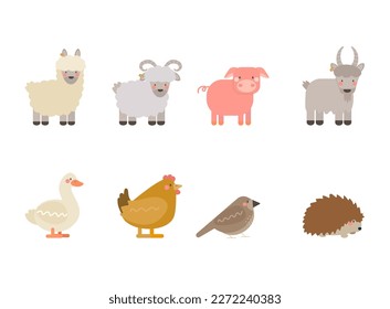 Flat farm animals set  with Alpaca, Goat, Pig, Sheep, Goose, Chicken, Sparrow, Hedgehog.Perfect for designs related to farming, agriculture, and rural life.