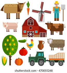 Flat farm icon set isolated and colored with different characters animals and farm buildings vector illustration