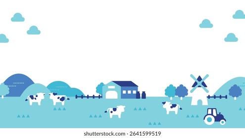 Flat Farm Landscape with Cows, Windmill, Tractor and Hills in Pastoral Style
