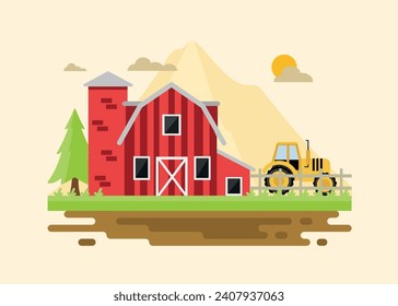 Flat farm landscape with farmhouse. Farming agriculture concepts. Vector stock