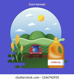 Flat farm landscape illustration of corn harvest. Rural landscape with corn fields and harvester.