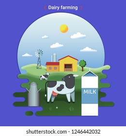 Flat farm landscape illustration of dairy farming. Rural landscape with grassland and countryside house. Cow grazes in the meadow.