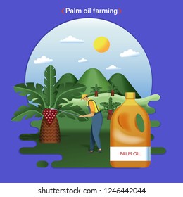 Flat farm landscape illustration of Palm oil farming. Rural landscape with palm hills and palm plantation. The farmer harvesting palm oil.