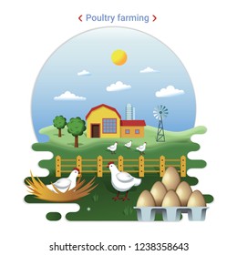 Flat farm landscape illustration of poultry farming. Rural landscape with grassland  and Countryside House. Hens graze and hatch eggs.