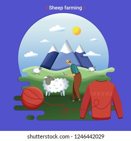 Flat farm landscape illustration of sheep farming. Rural landscape with grassland and mountains. The farmer cutting wool.