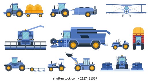 Flat farm machinery, agricultural field equipment, combines and tractors. Industrial harvester, truck, plowing and mower machine vector set. Agro business with farmland production tools