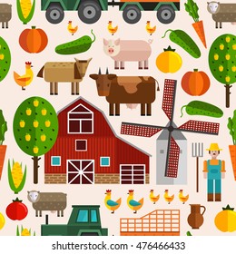 Flat farm pattern with buildings trees animals products and characters in color vector illustration