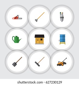 Flat Farm Set Of Bailer, Lawn Mower, Container And Other Vector Objects. Also Includes Barn, Blade, Shovel Elements.