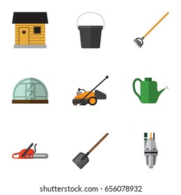 Flat Farm Set Of Bailer, Shovel, Pail And Other Vector Objects. Also Includes Pail, Saw, Watering Elements.