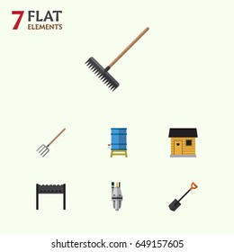 Flat Farm Set Of Container, Hay Fork, Pump And Other Vector Objects. Also Includes Rake, Harrow, Shovel Elements.