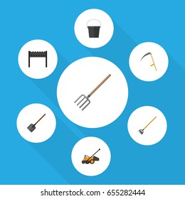 Flat Farm Set Of Cutter, Barbecue, Tool And Other Vector Objects. Also Includes Mower, Scythe, Lawn Elements.