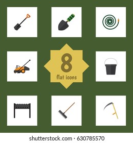 Flat Farm Set Of Cutter, Hosepipe, Lawn Mower And Other Vector Objects. Also Includes Barbecue, Hosepipe, Trowel Elements.