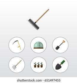 Flat Farm Set Of Cutter, Trowel, Harrow And Other Vector Objects. Also Includes Scythe, Trowel, Plant Elements.