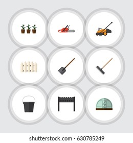 Flat Farm Set Of Flowerpot, Barbecue, Shovel And Other Vector Objects. Also Includes Saw, Barrier, Rake Elements.
