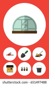 Flat Farm Set Of Flowerpot, Hothouse, Pail And Other Vector Objects. Also Includes Plant, Greenhouse, Spatula Elements.