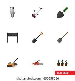 Flat Farm Set Of Flowerpot, Lawn Mower, Shovel And Other Vector Objects. Also Includes Blade, Hacksaw, Bbq Elements.