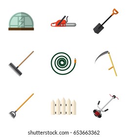 Flat Farm Set Of Grass-Cutter, Tool, Harrow And Other Vector Objects. Also Includes Harrow, Spade, Farm Elements.